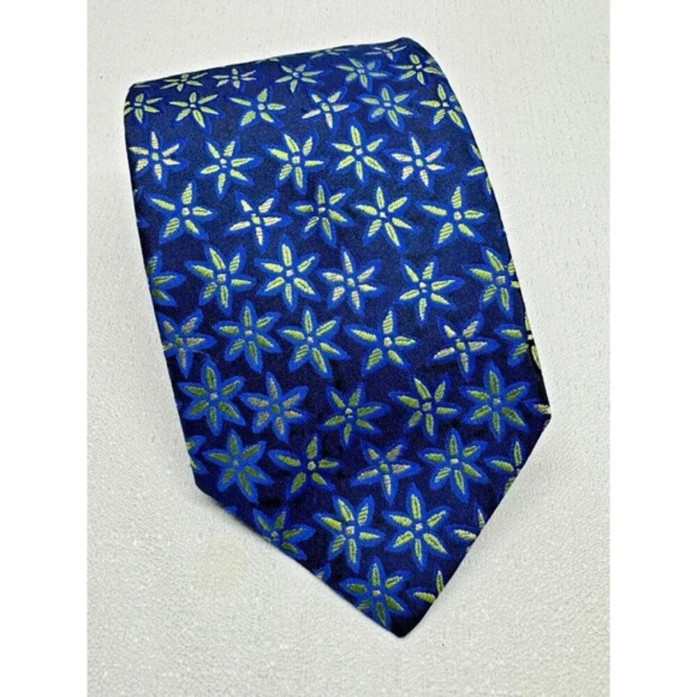 Silk Shop London Floral Silk Tie Mens OS Blue Green Made in England Classic Ivy